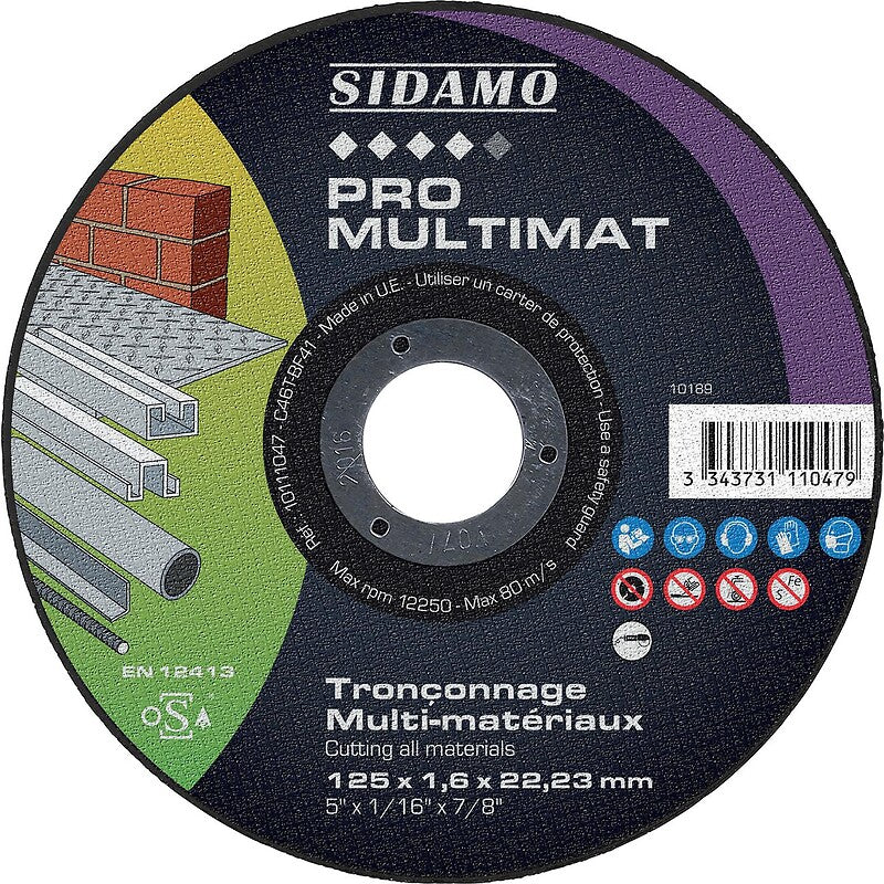 Disque à tronçonner multimatériaux pro multimat, diamètre 125mm, épaisseur 1,6mm, alèsage 22,2mm en boîte de 25 pièces. materiel.ci - Côte d'Ivoire vous facilite la vie avec une boutique en ligne complète pour tous vos besoins en quincaillerie en Côte d'Ivoire. des produits fiables livrés rapidement.