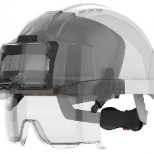 Casque de chantier evo®vistalens en abs - blanc - serrage crémaillère - basane anti-sueur en coton égyptien - protection oculaire en166 - avec porte badge. disponible abidjan cote d'ivoire.