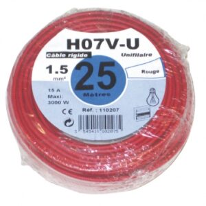 Fil rigide ho7v-u âme cuivre nu massif 1,5 mm2 rouge - rouleau 25 m. disponible abidjan cote d'ivoire.