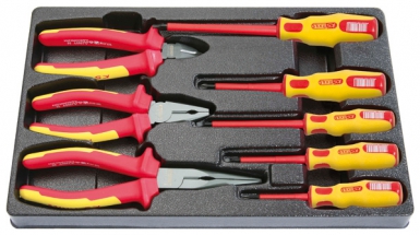 Jeu de 7 pinces et tournevis isolés 1000v 2 tournevis fente + 2 tournevis philips + 1 pince coupante diagonale + 1 pince universelle + 1 pince à bec demi-rond droit. disponible abidjan cote d'ivoire.