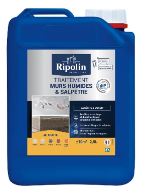 Traitement murs humides et salpêtre - nettoie, assèche, imperméabilise les fonds poreux, fixe les fonds poudreux et durcit les plâtres friables - incolore - 2,5l. disponible abidjan cote d'ivoire.